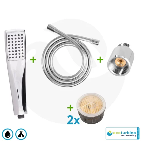 Camping Duschbrause SET, silber | ecoturbino® ECOCAMP | doppelte Duschdauer bei gleichem Wasservorrat im Camper Van, Campingwagen & Wohnwagen + 2x ET5 Einsatz