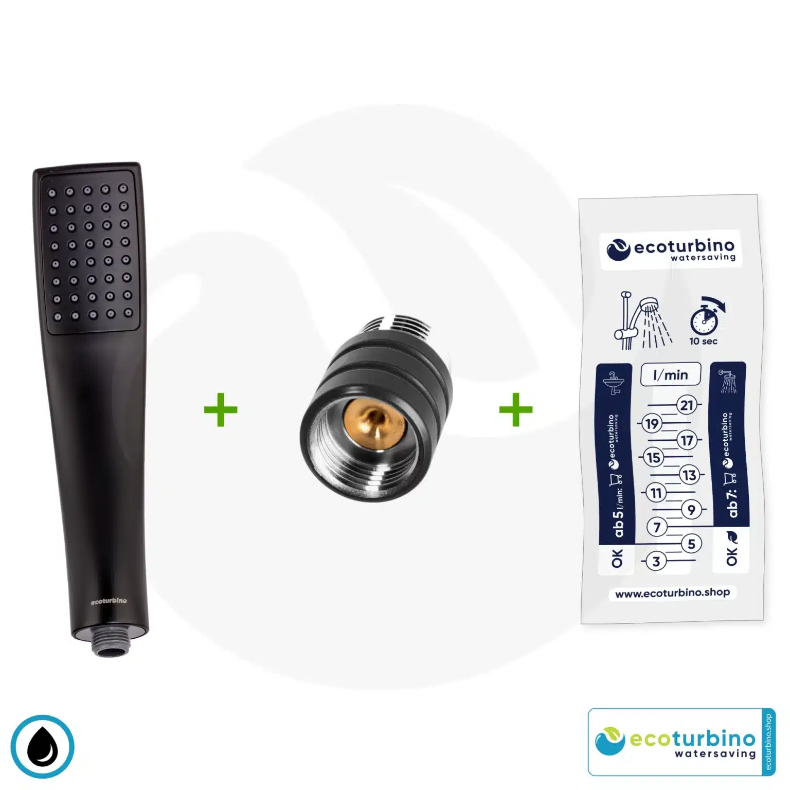 Handdusche UPGRADE DELUXE SET 10 Legio | ET10L Wasserspar Adapter + Design Duschkopf - Handbrause | ecoturbino®