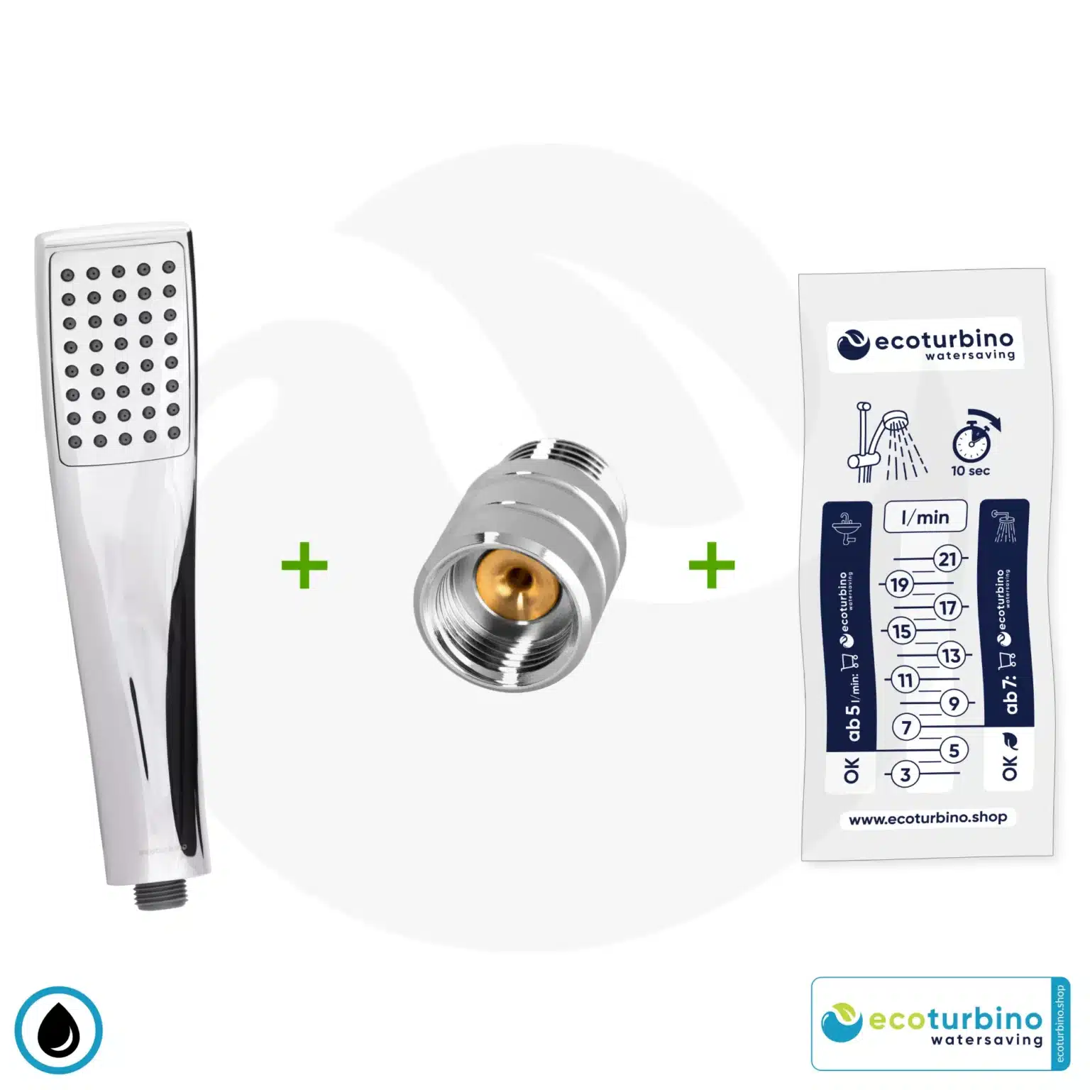 Handdusche UPGRADE DELUXE SET 10 Legio | ET10L Wasserspar Adapter + Design Duschkopf - Handbrause | ecoturbino®