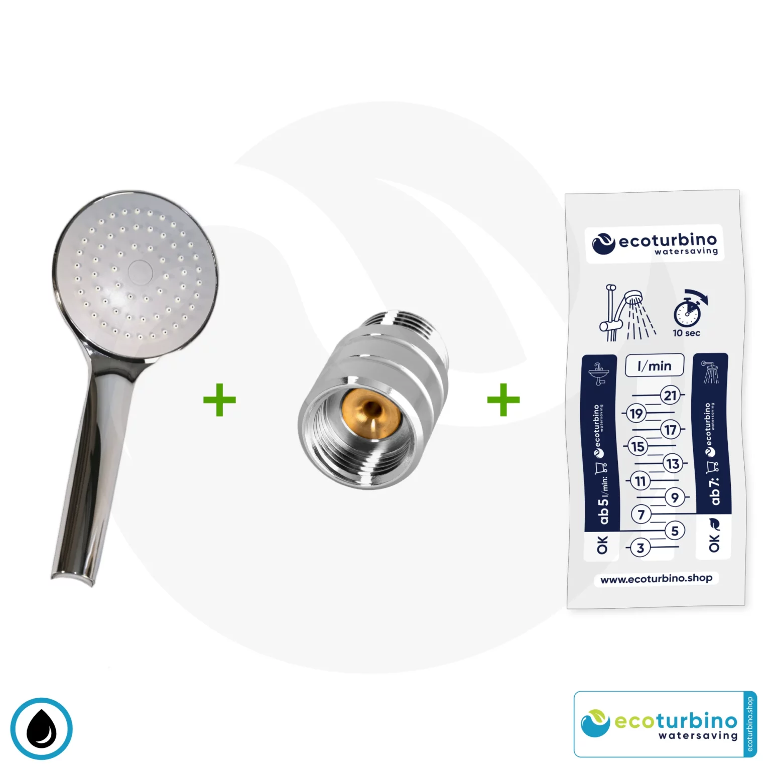 Dusche UPGRADE SET 10 Legio | ET10L Wasserspar Adapter + Hand Duschkopf - Handbrause | ecoturbino®