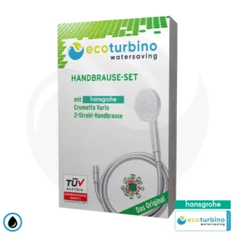 hansgrohe Crometta Vario, 2-Strahl Handbrause SET + ecoturbino® 10 Legio | ET10L Wasserspar Adapter + Duschschlauch + Duschkopf