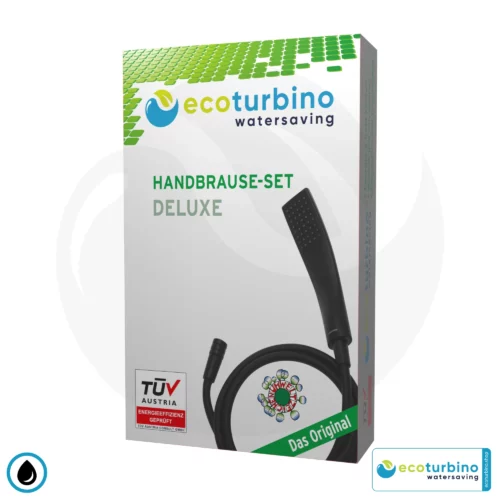 Duschbrause DELUXE SET Schwarz 10 Legio | ET10L Wasserspar Adapter + Brauseschlauch + DESIGN Duschkopf | ecoturbino®