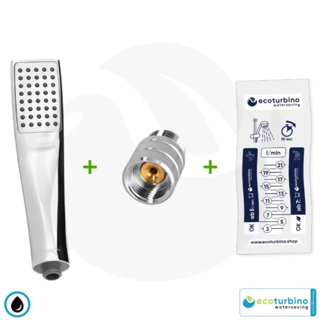 Handdusche UPGRADE DELUXE SET 10 Legio, silber | ET10L Wasserspar Adapter + Design Duschkopf - Handbrause | ecoturbino®