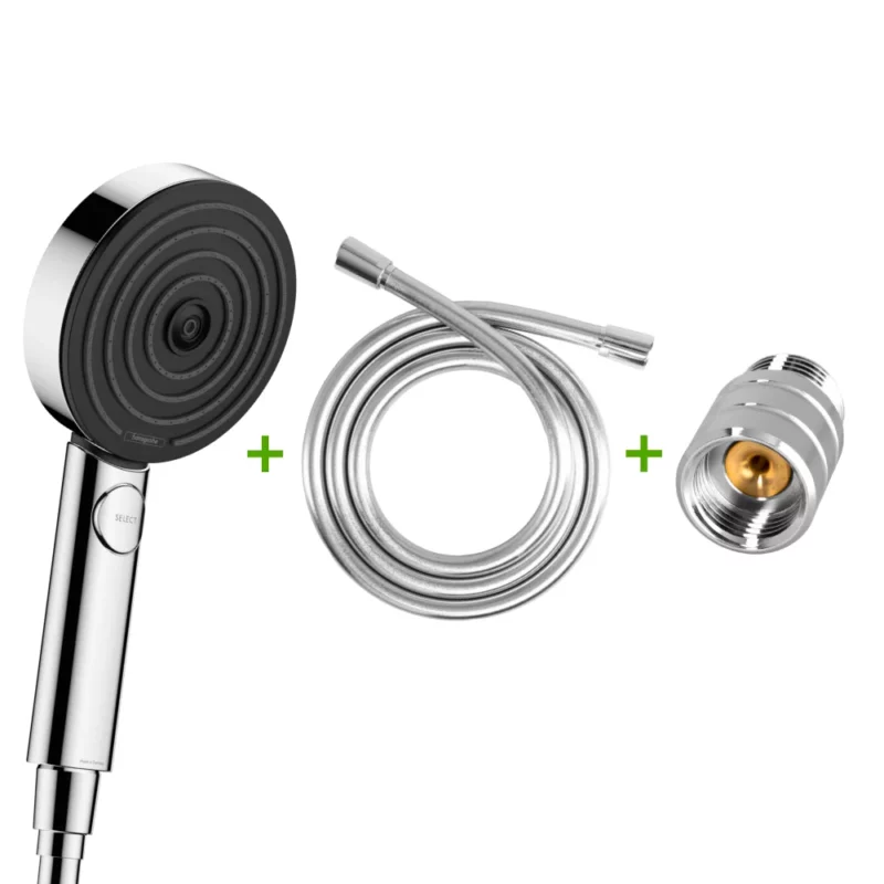 hansgrohe Pulsify Select S 105 3-Strahl Handbrause SET + ecoturbino® das Original | ET10L Wasserspar Adapter + Duschschlauch + Duschkopf | silber. Feedbild.