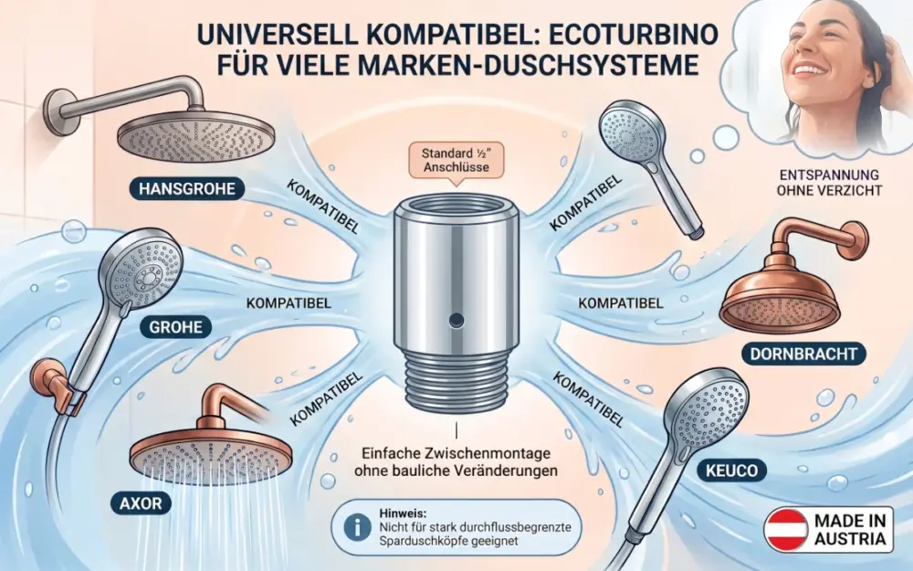 ecoturbino water saving | Passend für alle gängigen 1 Strahl Handbrausen ohne Sparfunktion aller Hersteller